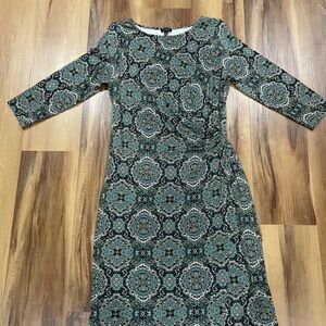 Talbots Teal and Black Patterned Long Sleeve Dress